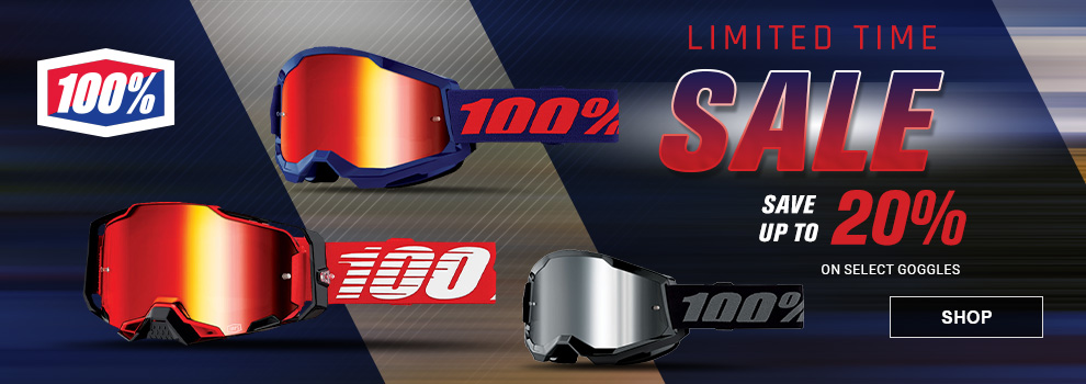 Limited time one hundred percent sale, save up to twenty percent on select goggles, SHOP button